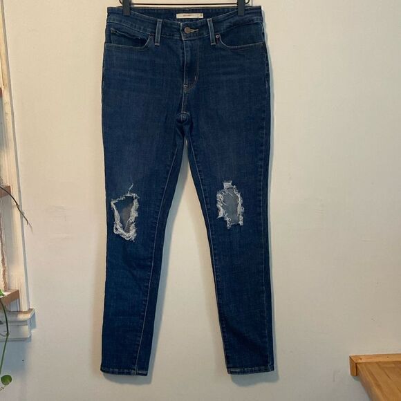 Levi's Dark Wash 711 Skinny Distressed Knee High Rise Jeans Size 29 - Picture 1 of 9